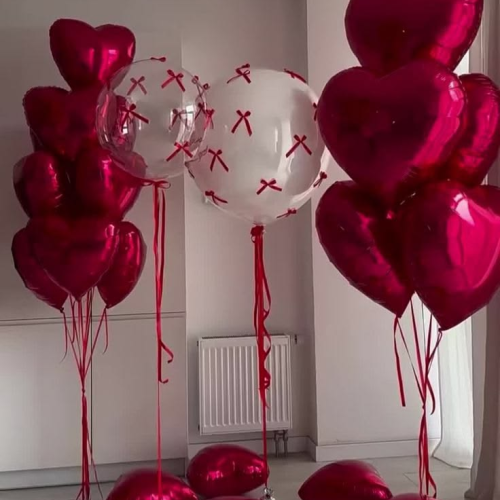Luxury Crimson Heart & Coquette Ribbon Balloon Bouquet Room Setup*