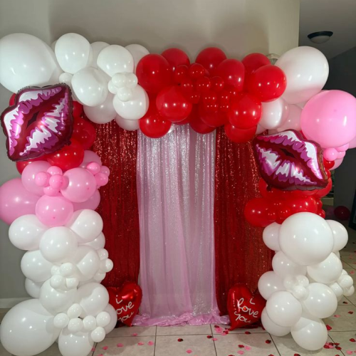 Romantic Valentine's Balloon Arch Backdrop Decoration Kit with Sequin Curtain & Kiss Lip Foil Balloons