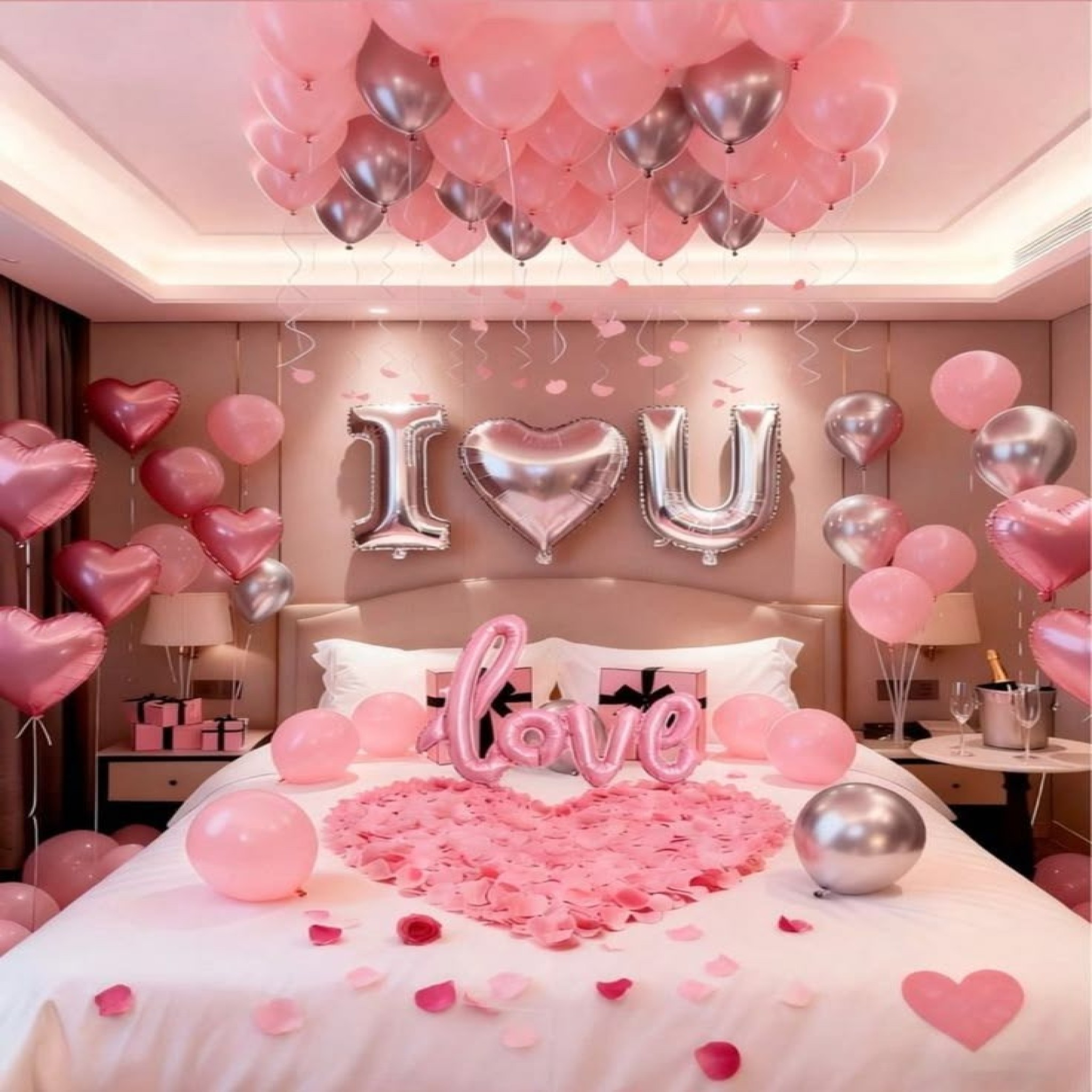 Blushing Luxury Romance Room Decor Kit â€“ Pastel Pink & Silver Foil Balloon Proposal Set