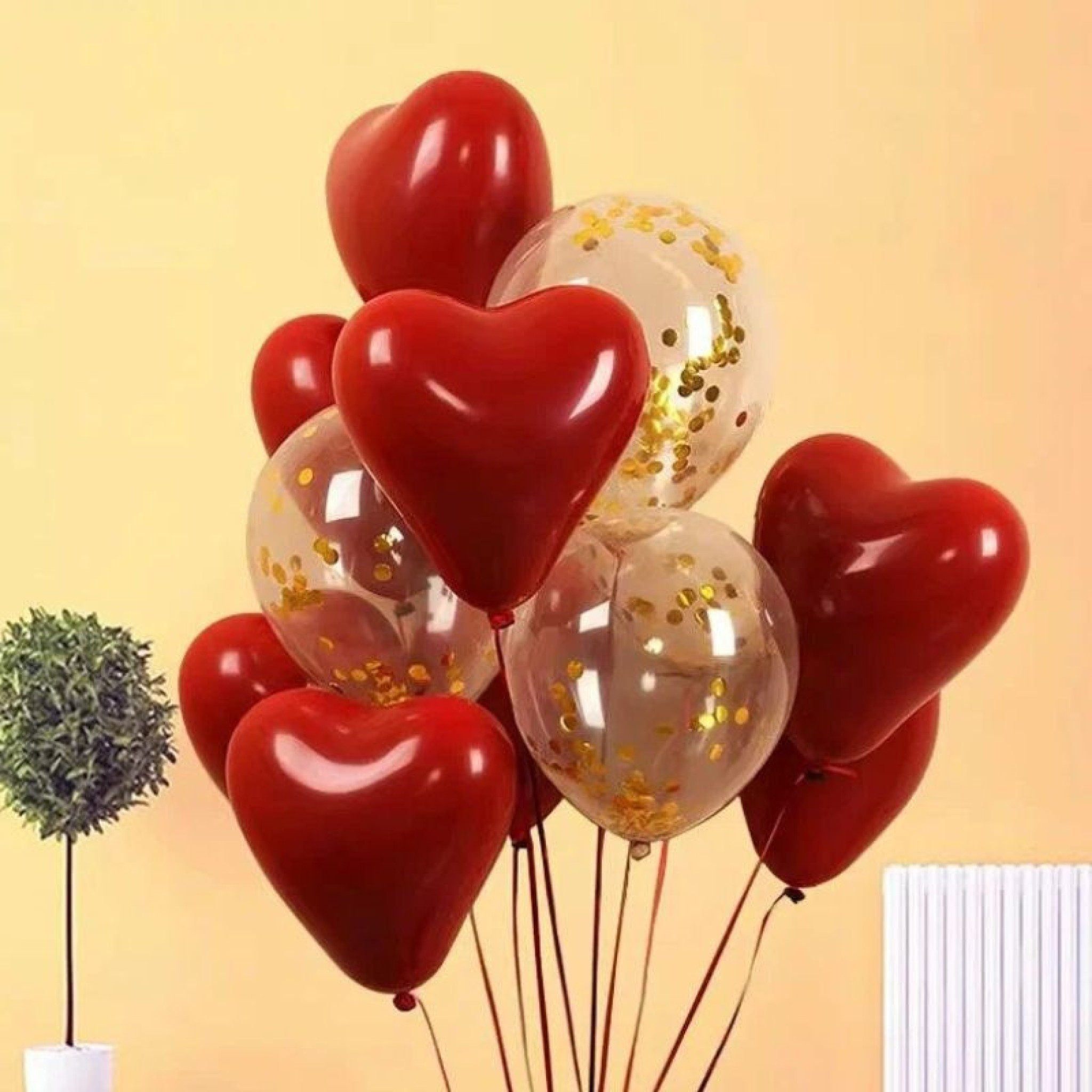 Golden Romance" Ruby Red Heart & Gold Confetti Balloon Bouquet