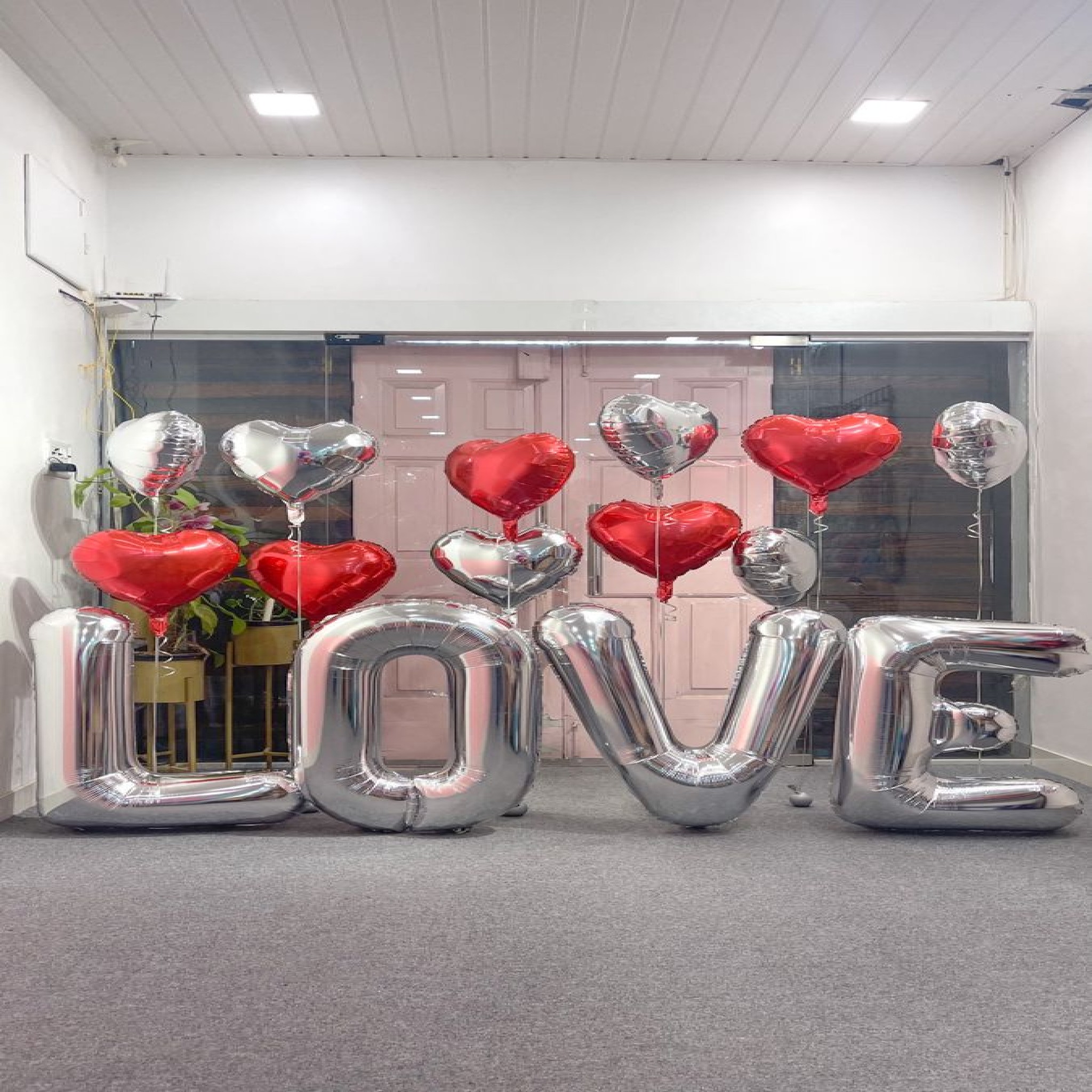 Grand "LOVE" Jumbo Silver Letter & Floating Heart Balloon Display