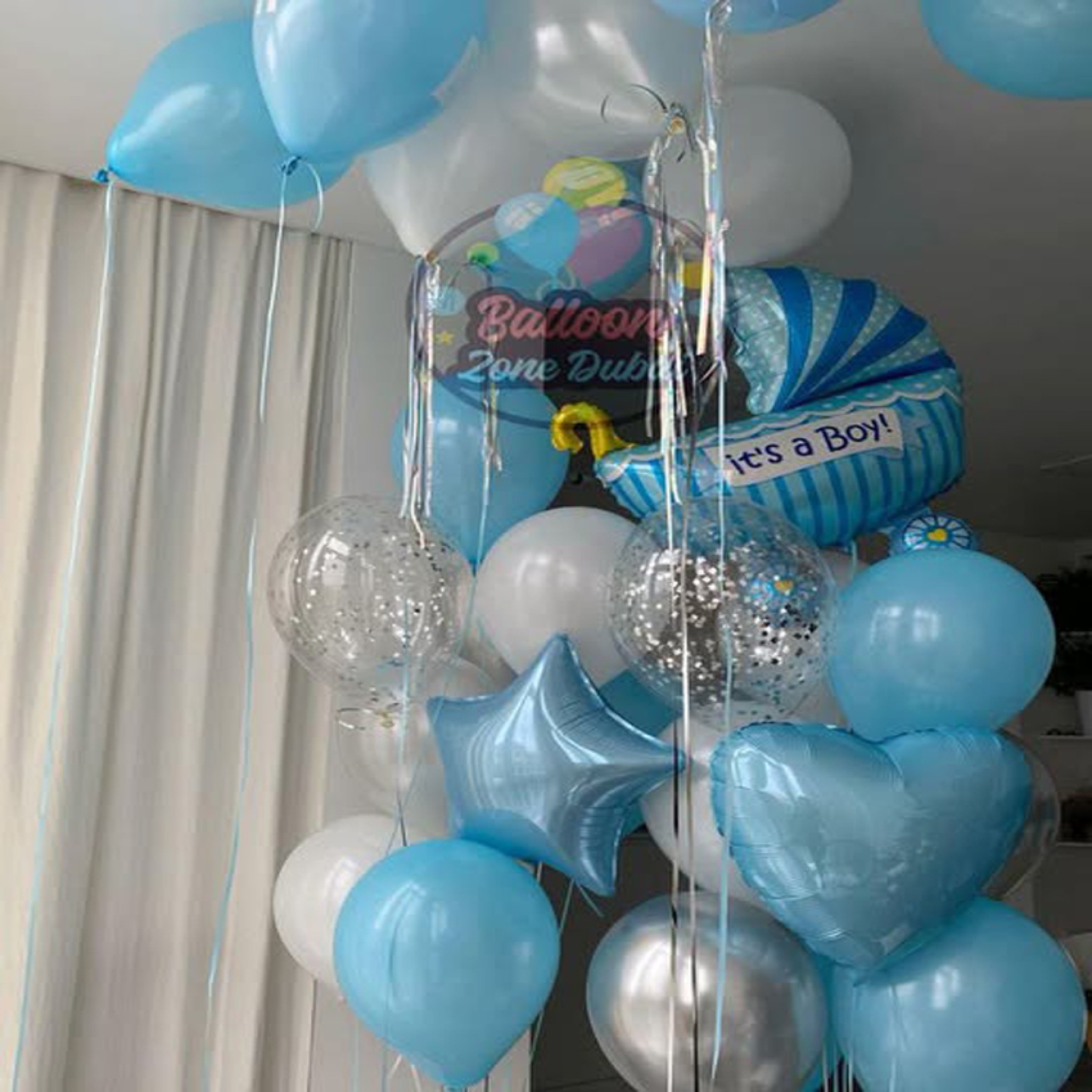 Itâ€™s a Boyâ€ Balloon Bouquet with Ceiling Decoration Setup