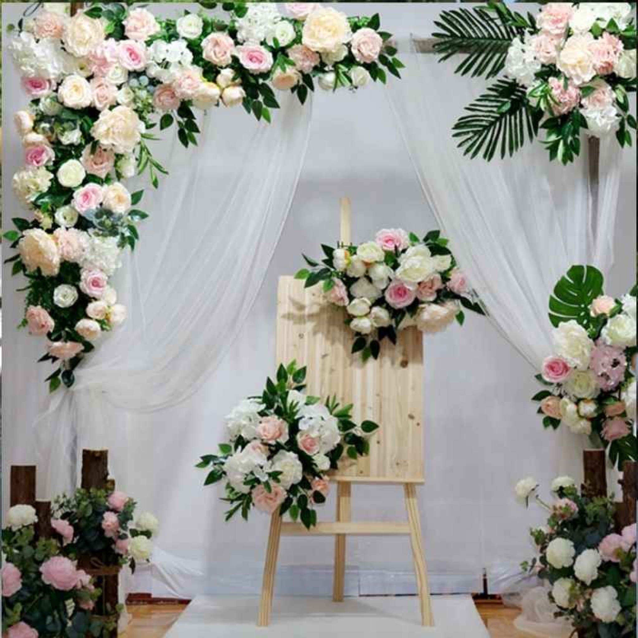 Luxury Blush Floral Wedding Arch Backdrop with Sheer Drapes