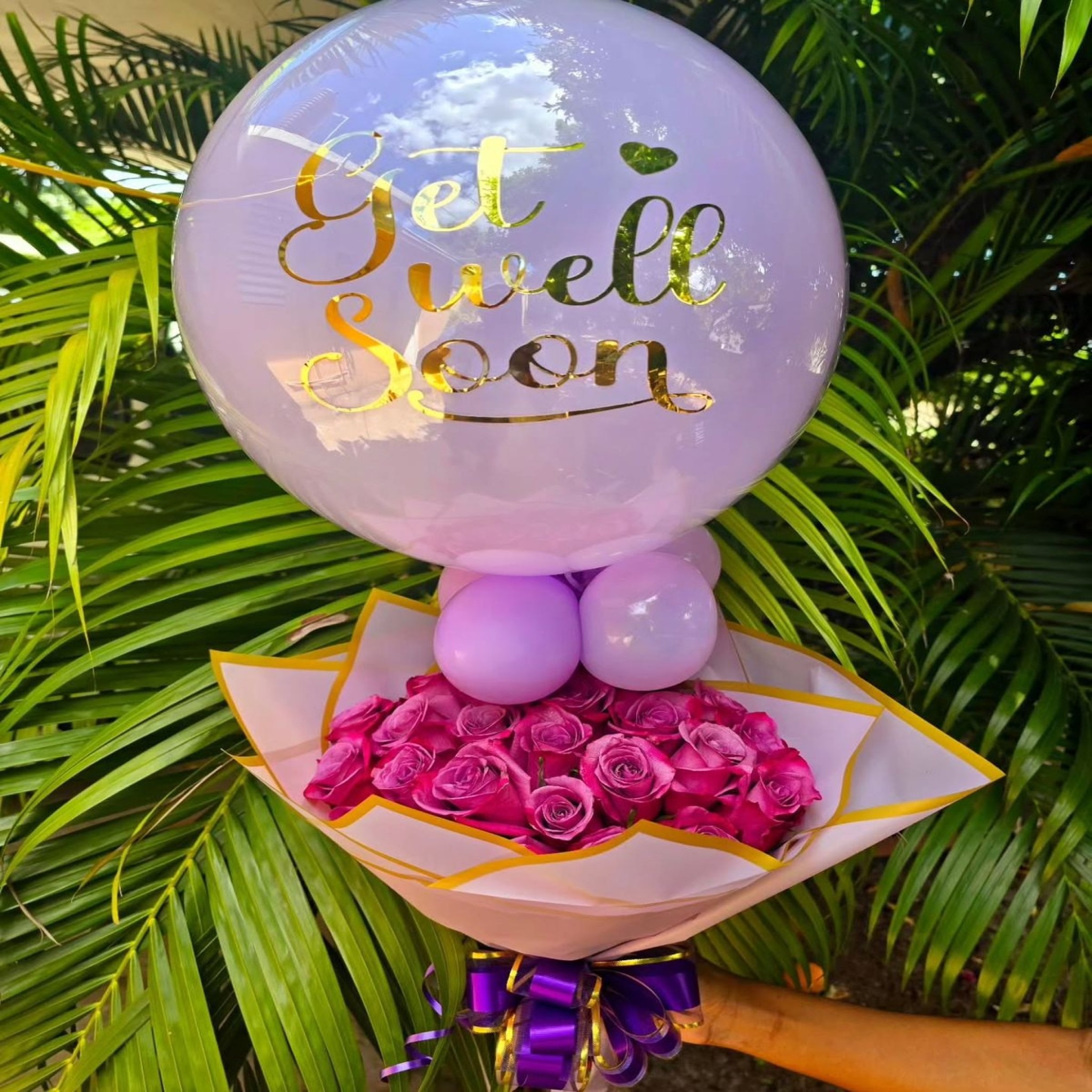 Luxury Get Well Soon Rose Bouquet with Personalized Bubble Balloon