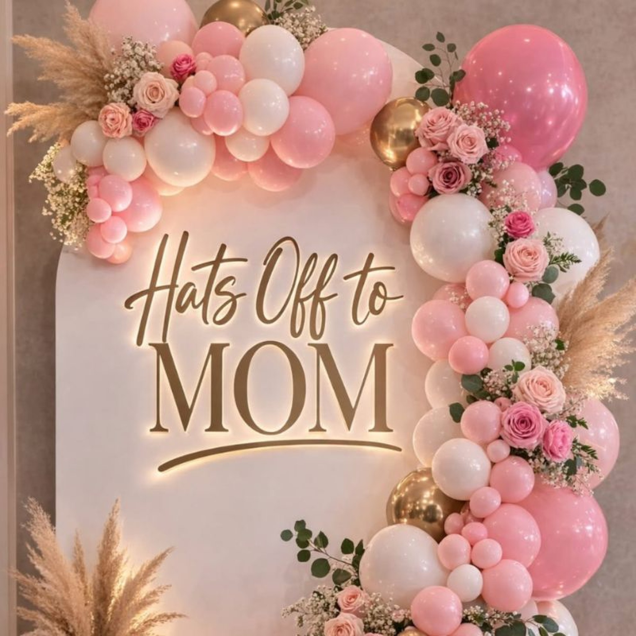 Luxury â€œHats Off to Momâ€ Balloon Backdrop with Floral Garland & LED Sign