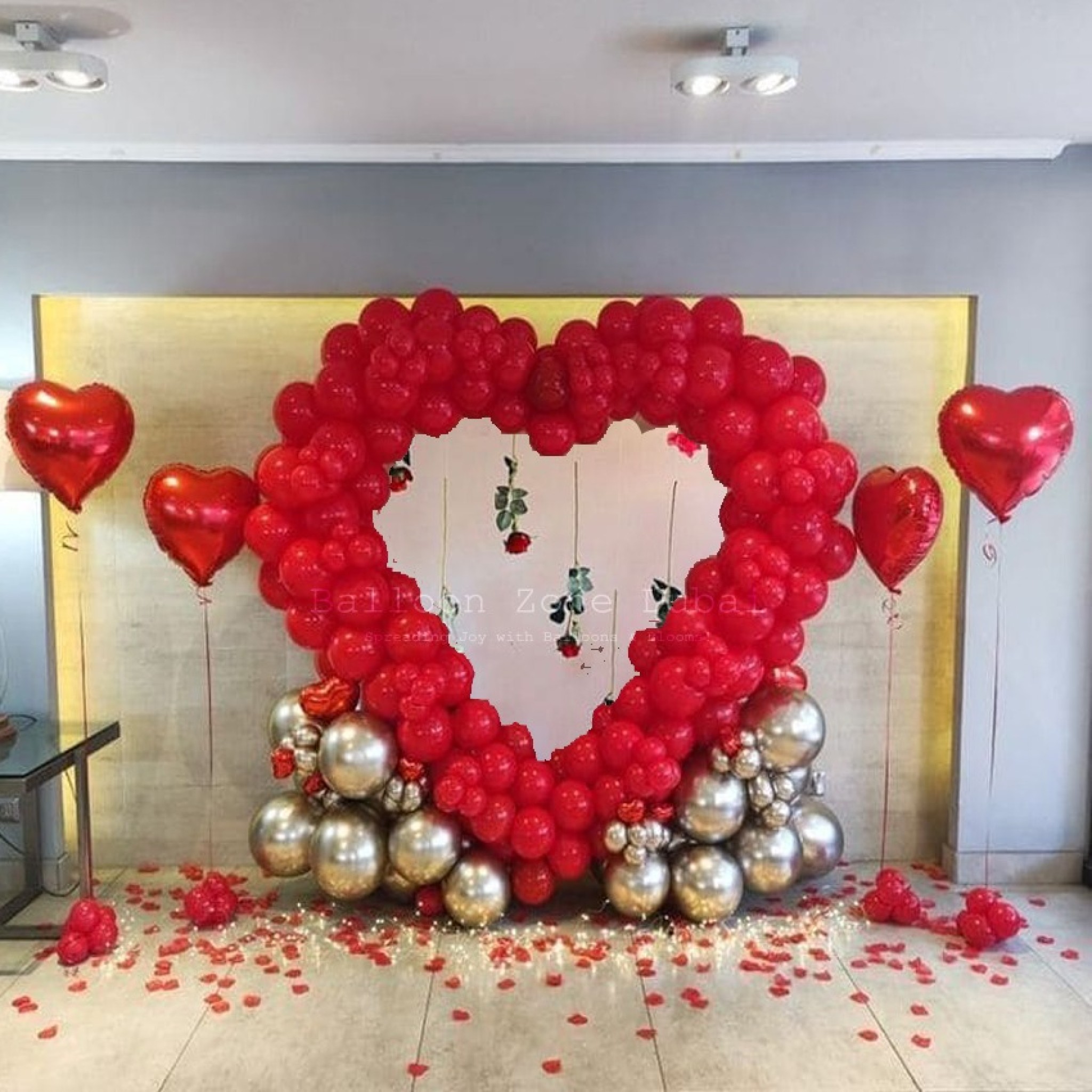 Luxury Heart-Shaped Crimson Balloon Arch with Metallic Accents & Suspended Roses