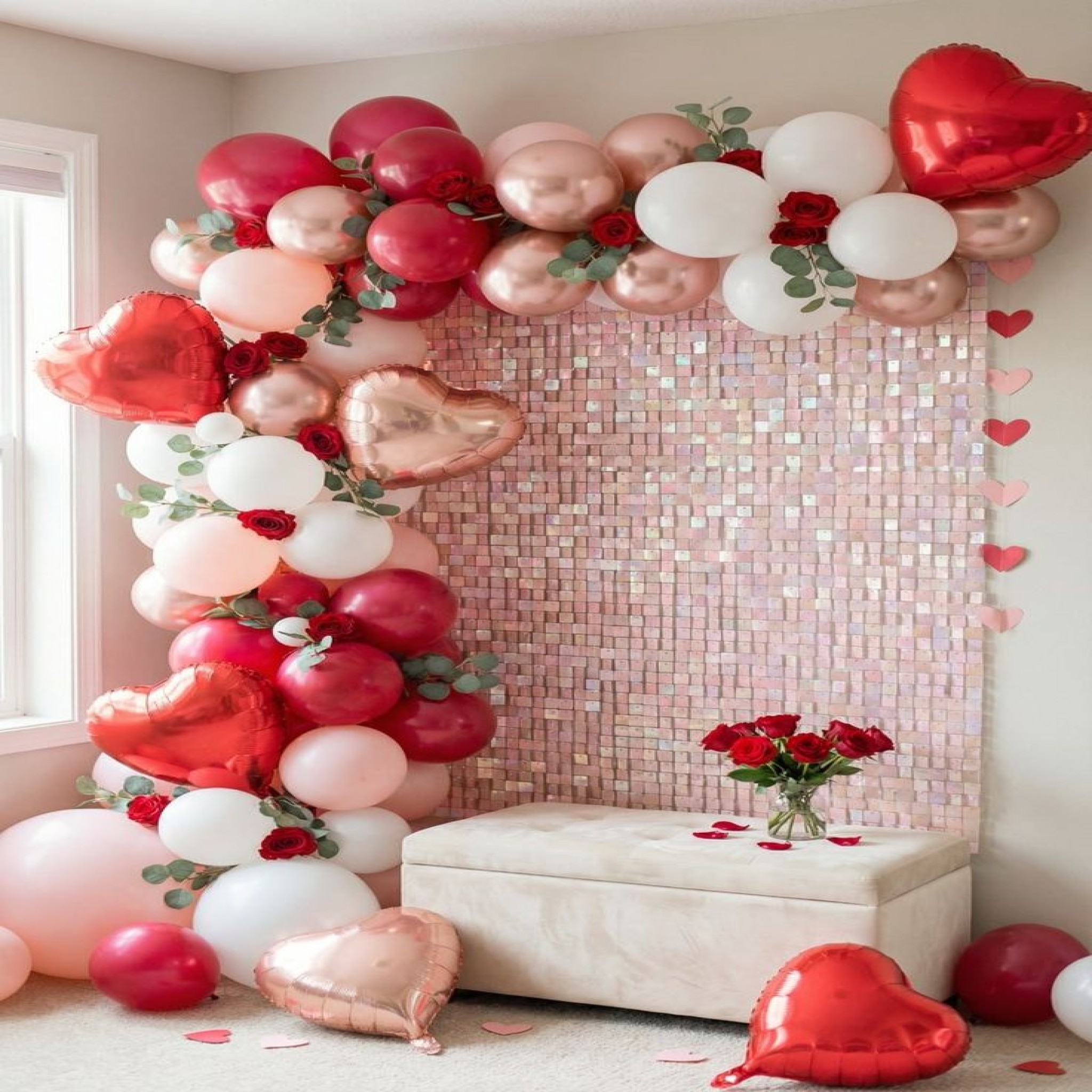 Luxury Rose & Shimmer Wall Balloon Garland Photo Booth Setup
