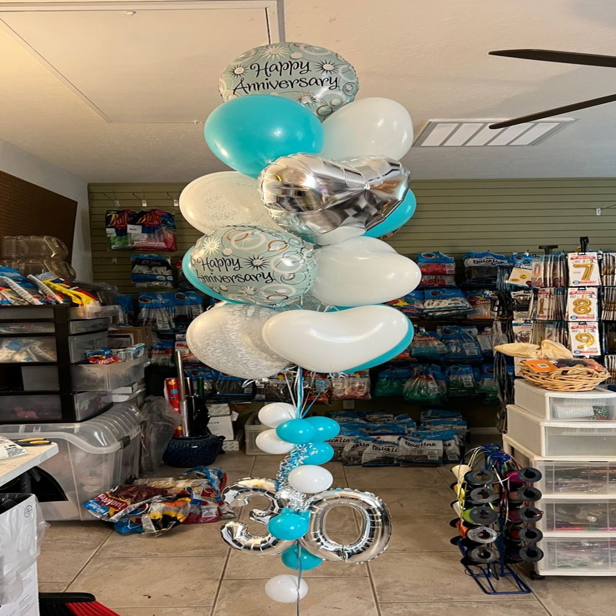 Pearl Tiffany Blue & Silver 30th Anniversary Balloon Tower