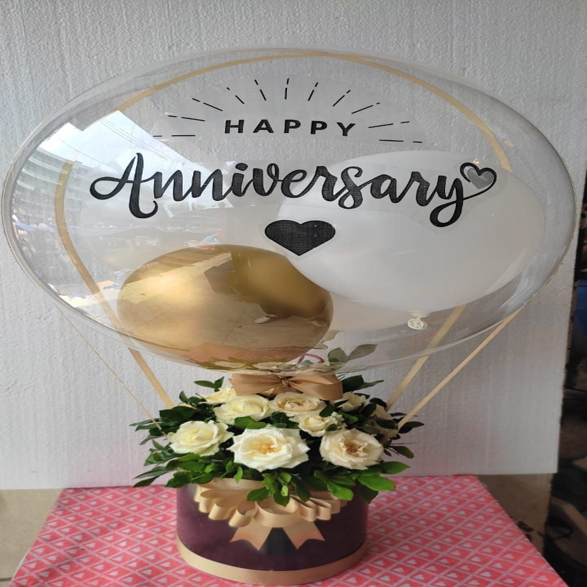 Premium Happy Anniversary Bubble Balloon with White Rose Flower Box â€“ Luxury Gift Arrangement