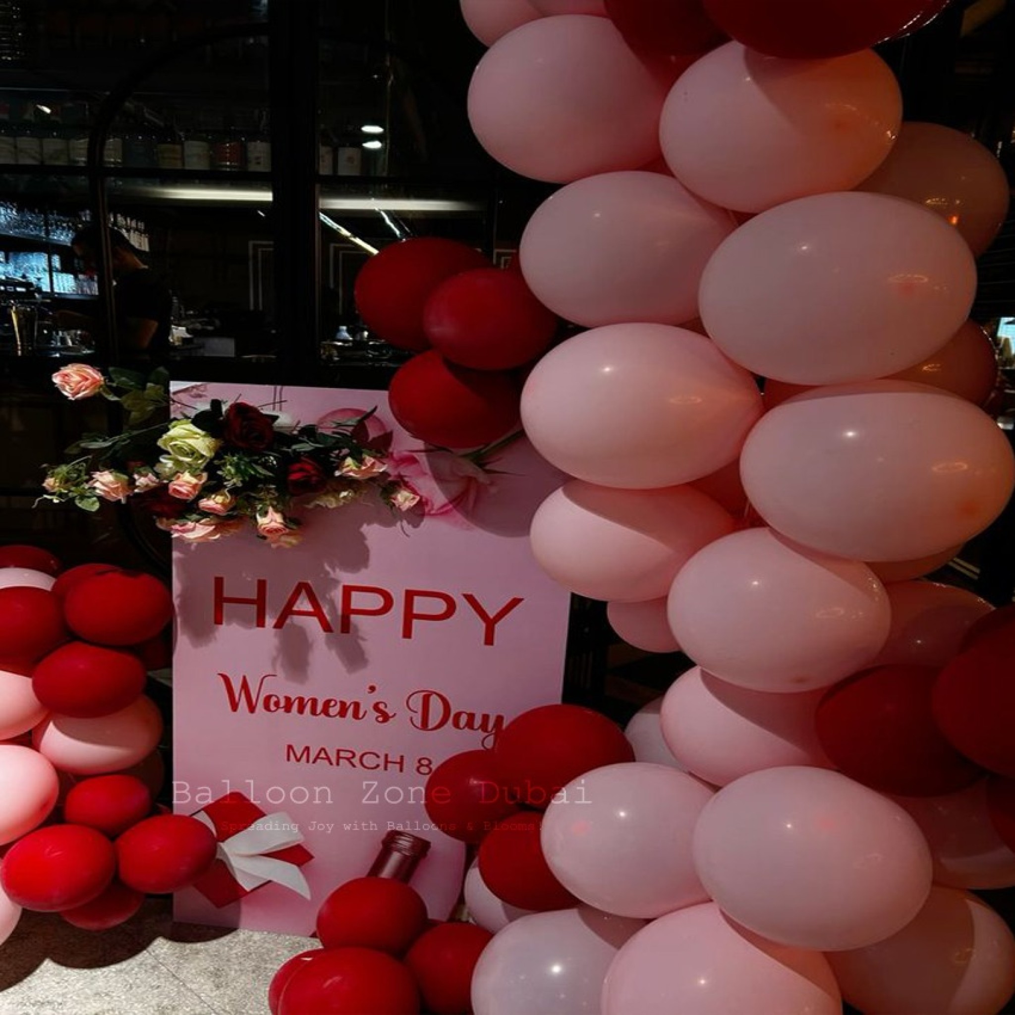 Premium Women's Day Welcome Signage with Romantic Balloon Pillar & Floral Accent