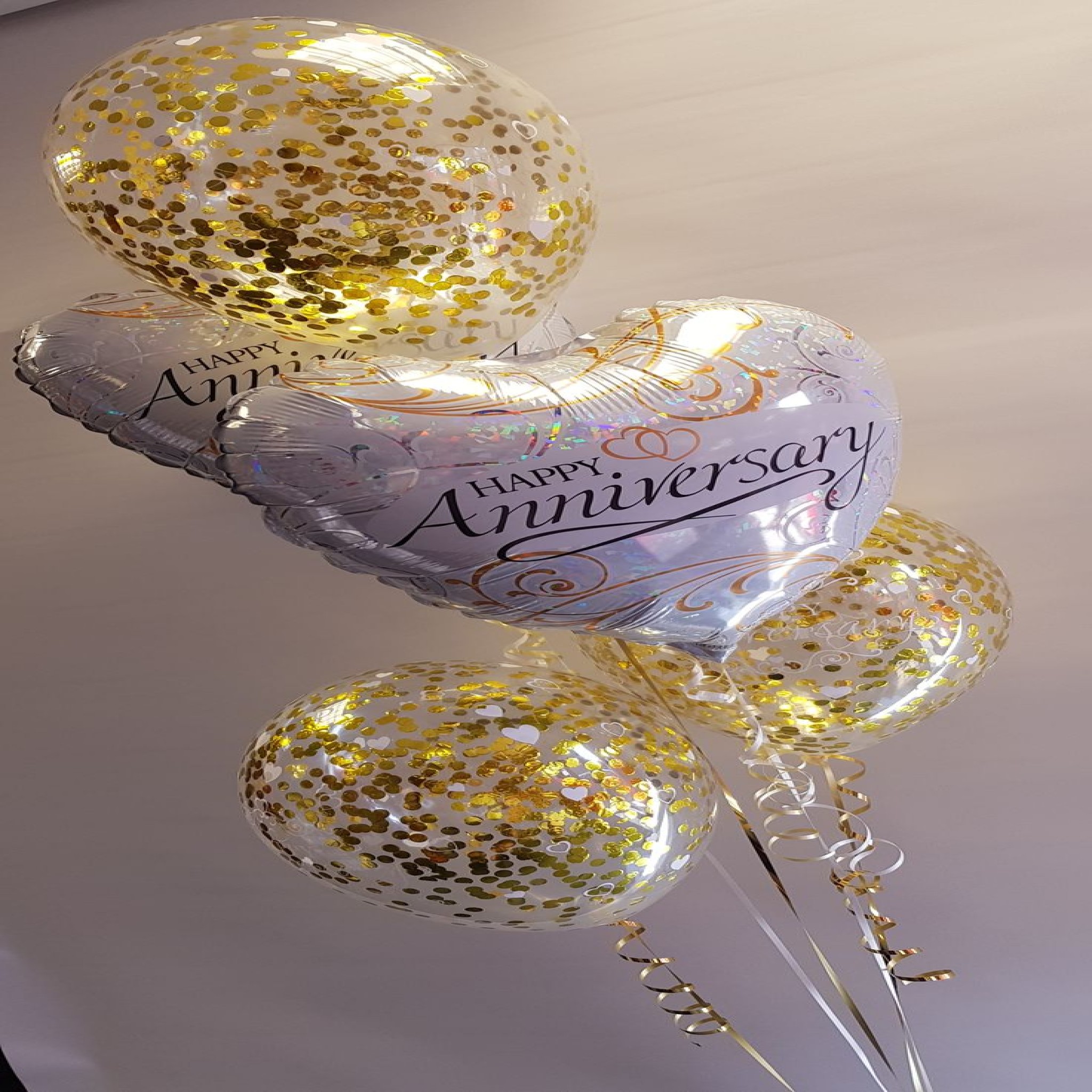 The Golden Shimmer Anniversary Floating Balloon Bouquet