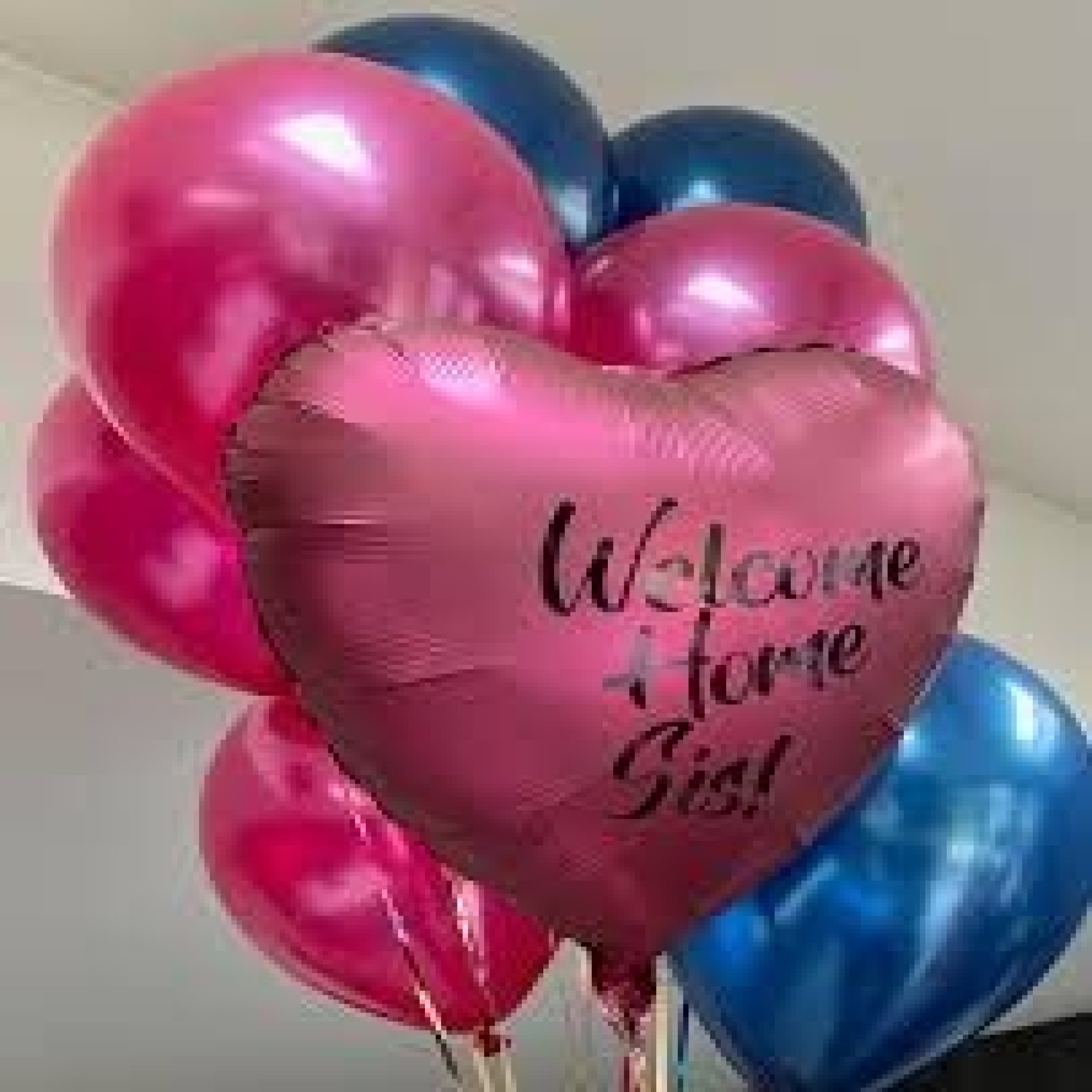 Welcome Home Personalized Heart Balloon Bouquet â€“ Pink & Blue Helium Balloon Arrangement |